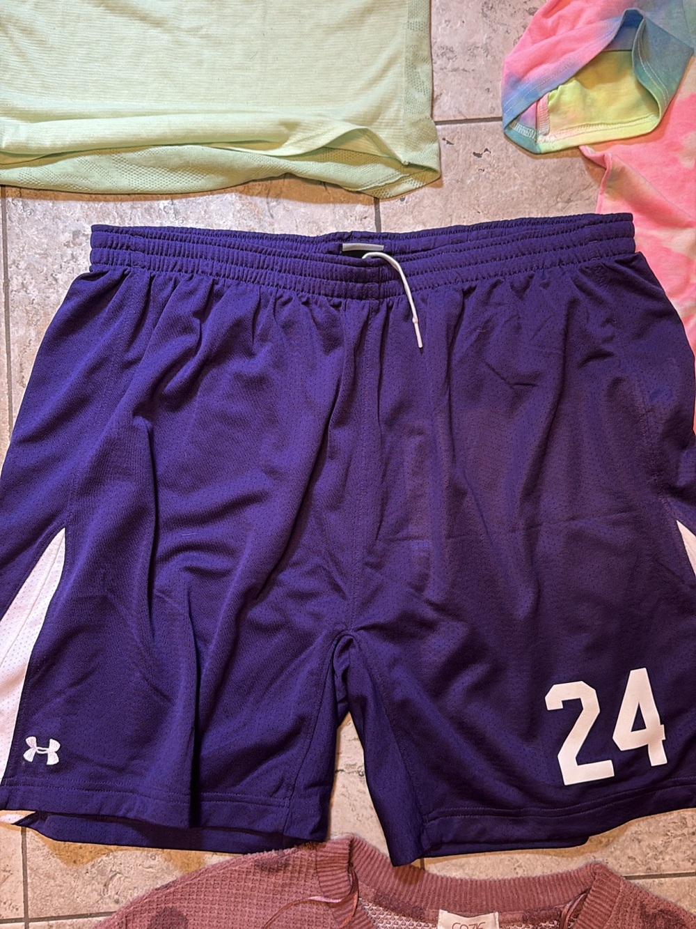 Under Armour Men’s Purple Athletic Shorts with White Accents and 24